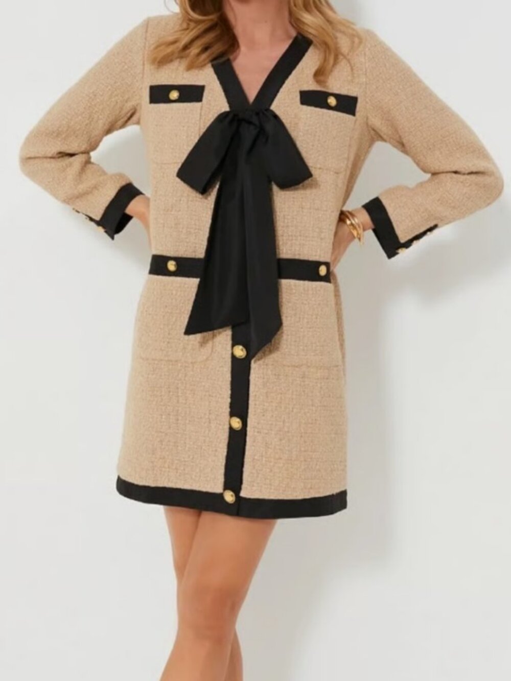 Pomander Place Beige Long-Sleeve Bow-Tie Coatdress with Black Trim